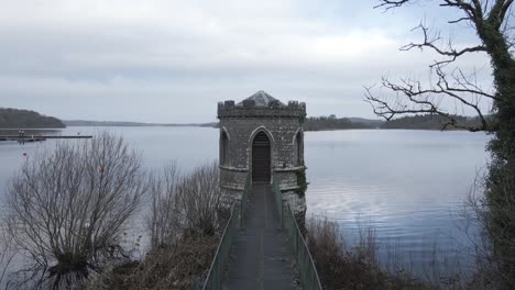 fishing temple at lough key lake in county roscommon, ireland - drone shot