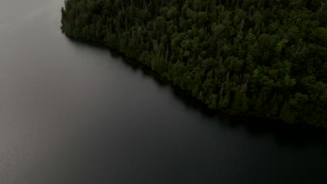 Stunning-Landscape-Of-Green-Coniferous-Forest-By-The-Calm-Lake-In-Gaspesie,-Quebec,-Canada