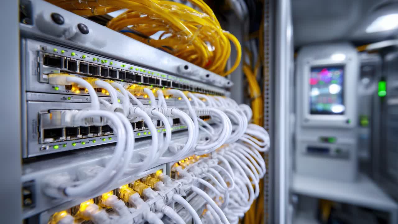 A Close-Up View of Network Switches and Fiber Optic Cabling in a Data Center, Showcasing High-Performance Connectivity and Advanced Technology in Network Infrastructure