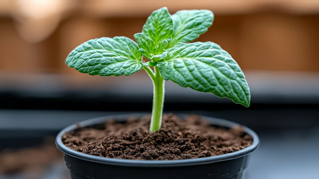 New tomato plant sprouting in a pot. A young tomato plant is growing in rich, dark soil inside a black pot, showcasing fresh green leaves and healthy growth