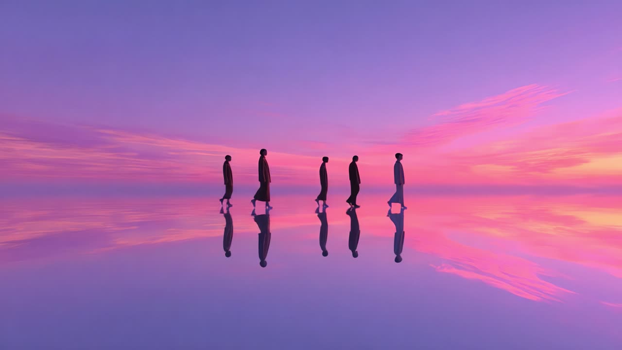 Silhouettes walking on water at sunset