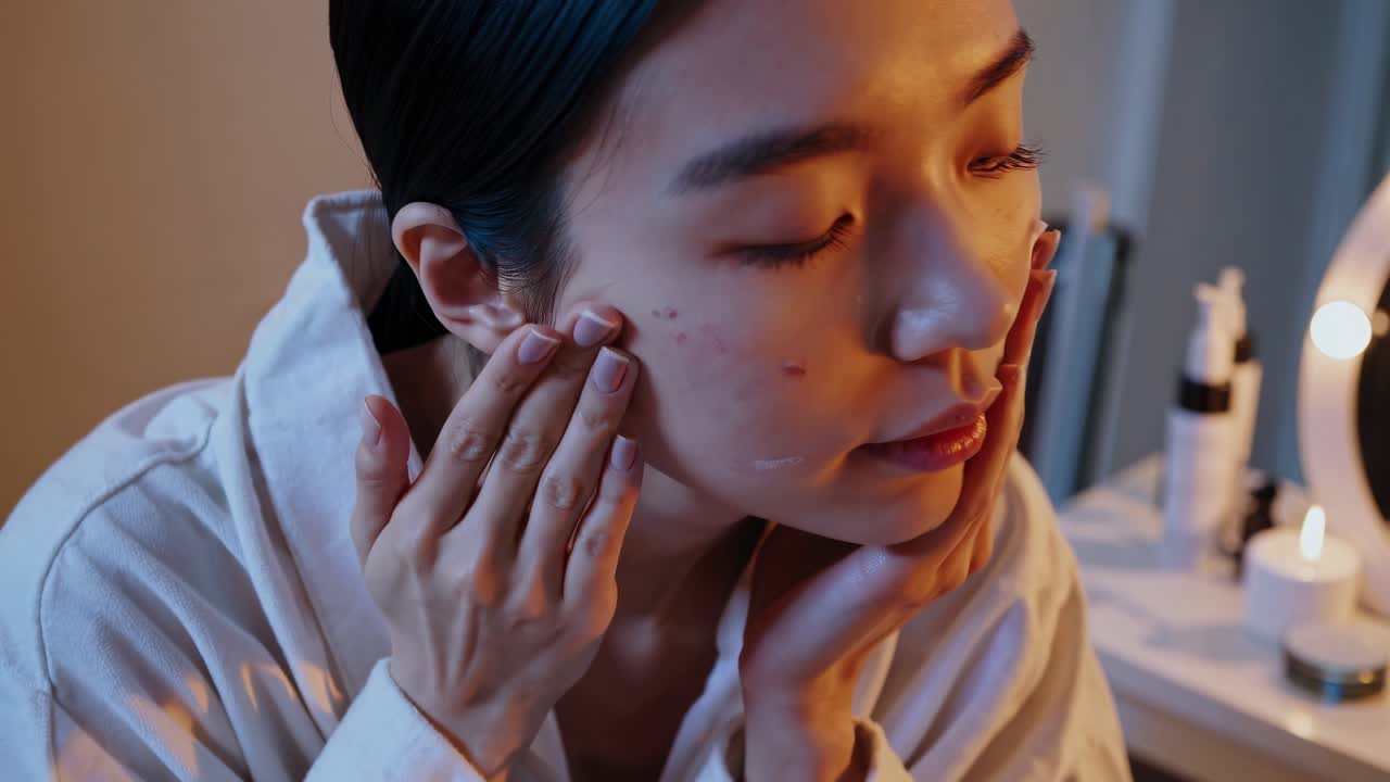 Woman applying skincare product to her face, showcasing a soothing self-care routine with gentle movements and a serene atmosphere in a cozy setting