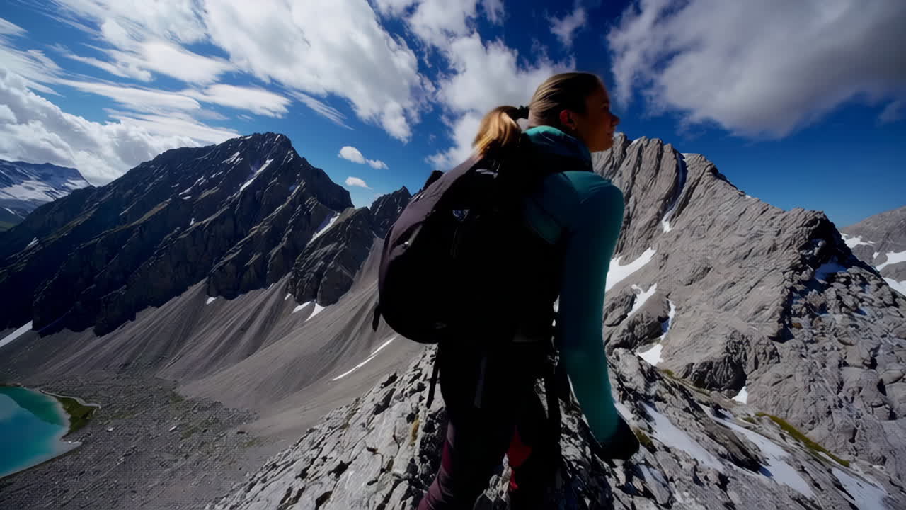 A woman hiking on rugged mountain terrain with stunning views of alpine lakes