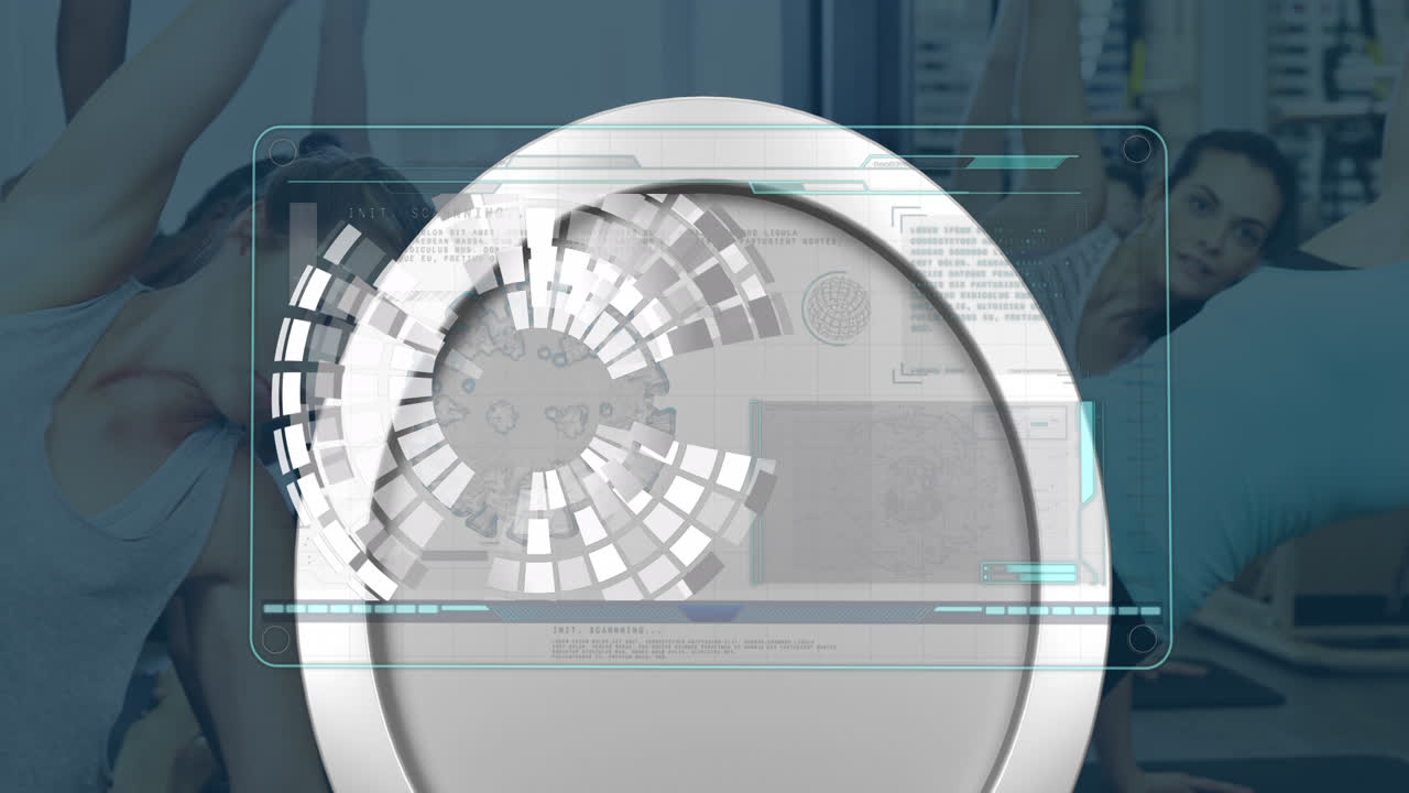 animación de pantalla digital con datos y globo sobre mujeres caucásicas haciendo ejercicio