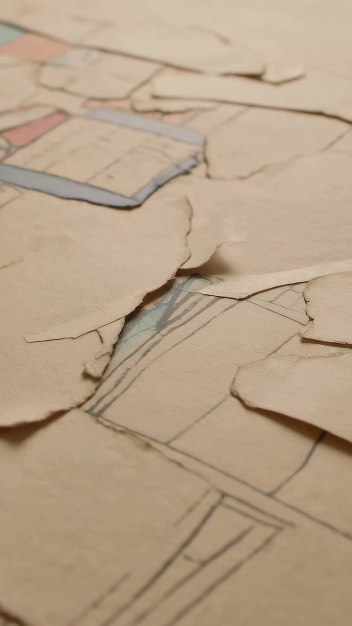 Vertical video: Panning camera revealing torn collage on desk to show ink drawing, blue rectangle