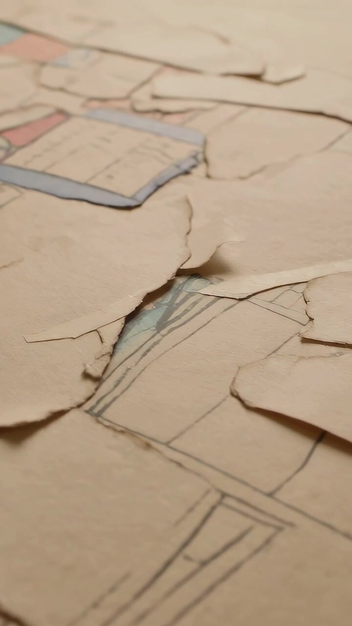 Vertical video: Panning camera revealing torn collage on desk to show ink drawing, blue rectangle