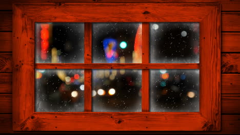 animation of window over snow falling and cars at christmas