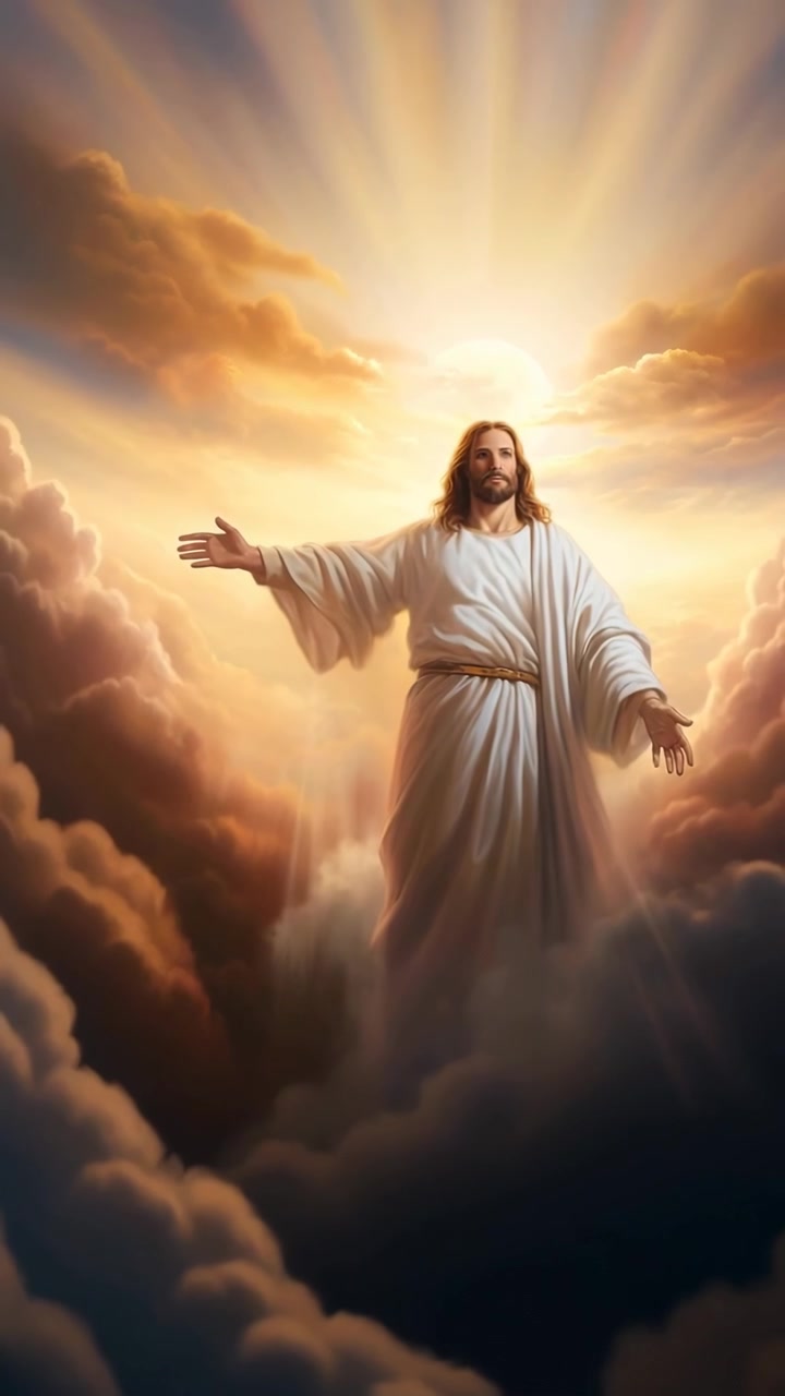 Jesucristo de pie con los brazos abiertos en las nubes