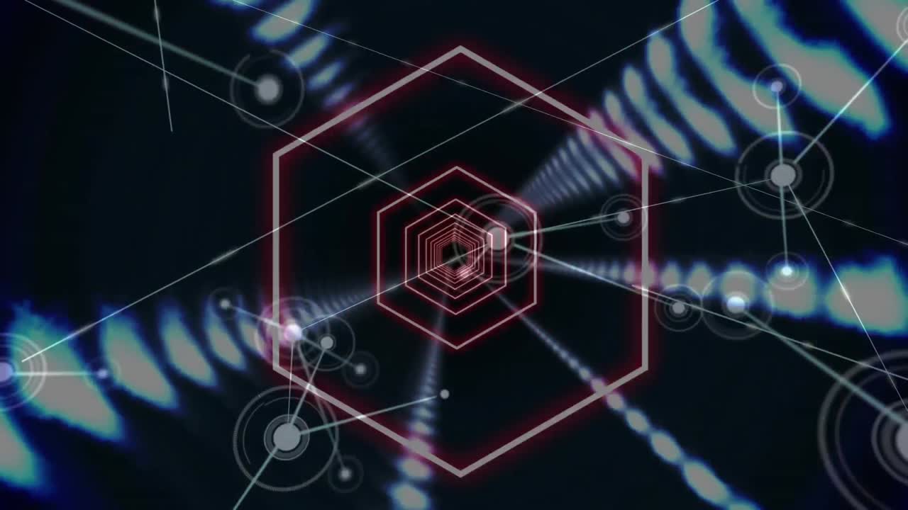 animación de hexágonos de neón con filas de luces brillantes y red de conexiones