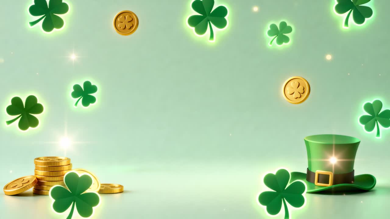 Animating shamrocks drifting across shiny tabletop, framing coin stack and leprechaun hat for text