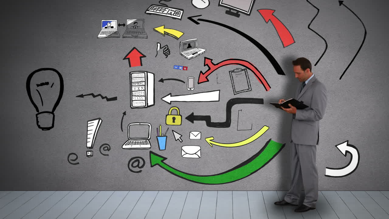 hombre de negocios con diario organizando iconos de negocios