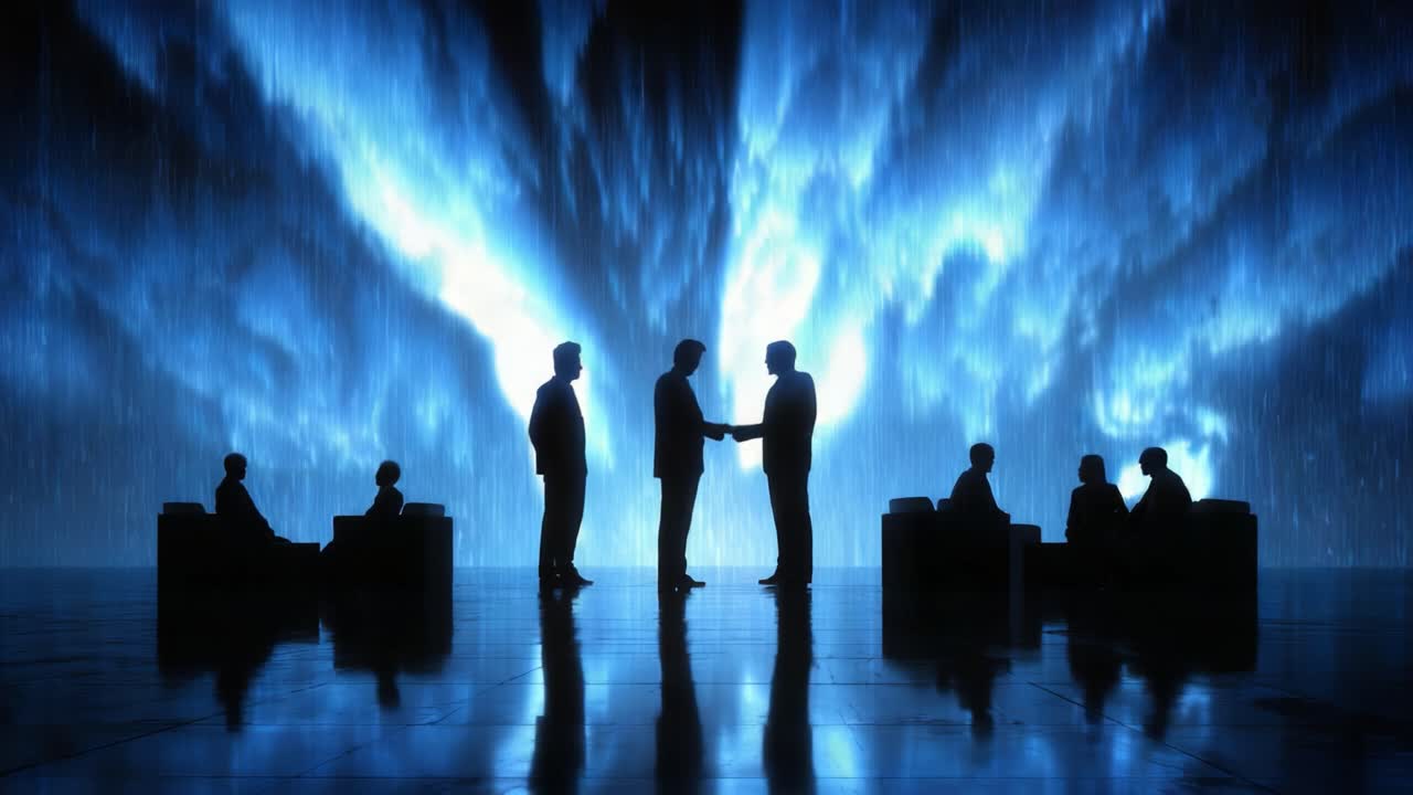 A Dynamic Moment of Collaboration: Two Professionals Engaged in a Firm Handshake Amidst a Digital Landscape, Signifying Partnership and Innovation in a Futuristic Setting