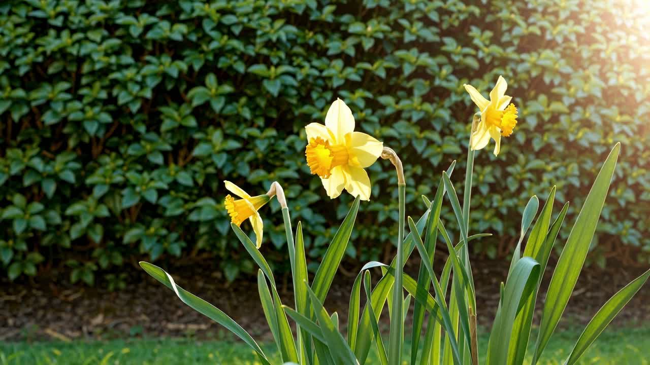 Low-angle video shot of vibrant yellow daffodils in sunlight, set against a lush green hedge