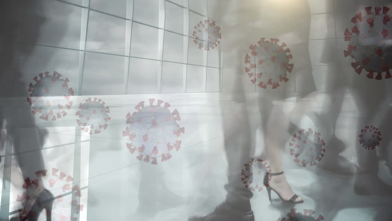 코로나바이러스 세포가 걸어다니는 사업가들에게 퍼지고 있습니다.
