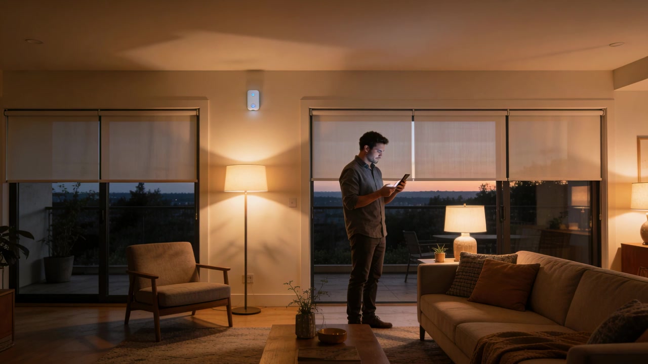 Tapping smartphone, man in short-sleeve shirt dark pants lowering shades at home to gain privacy