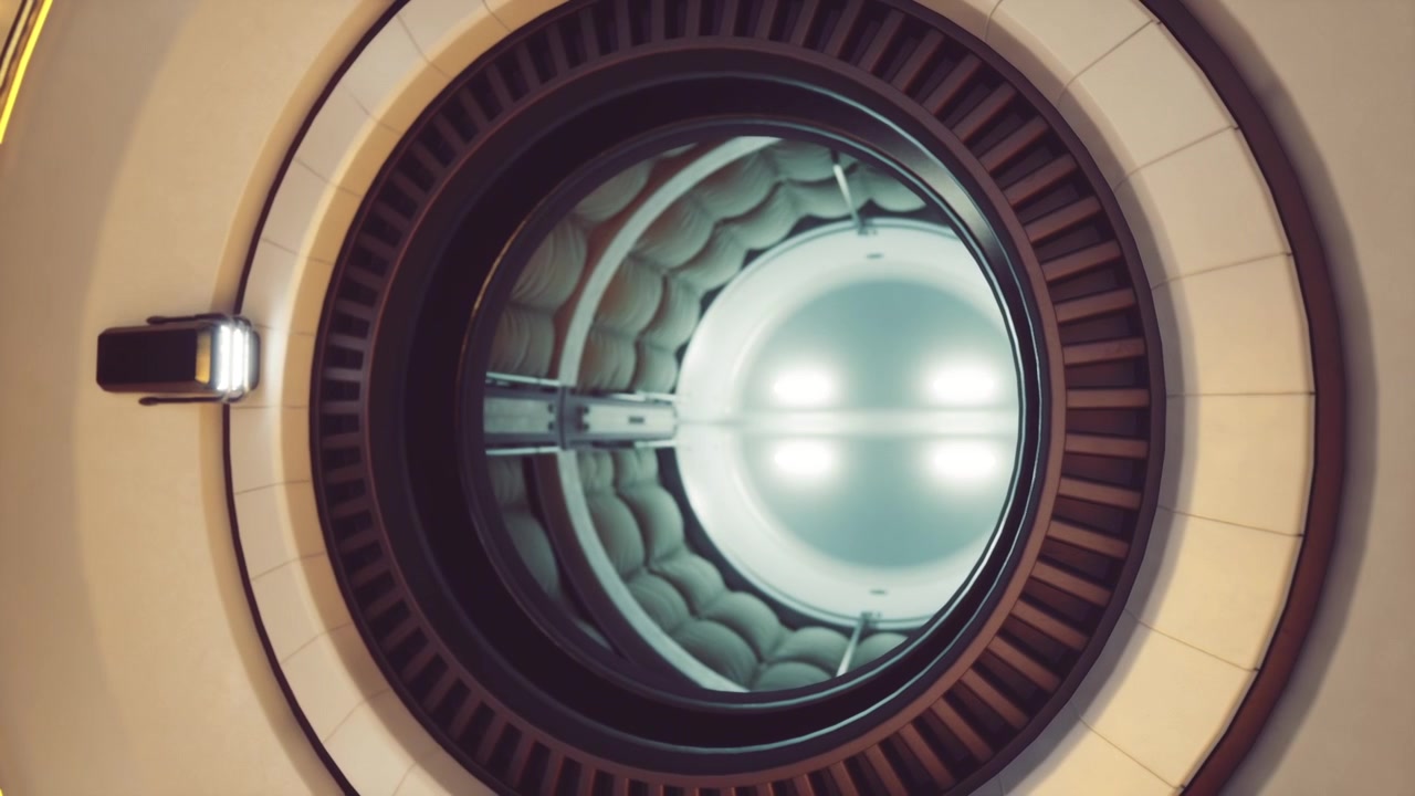 Tiny living module in space station with soft rings and blue lighting