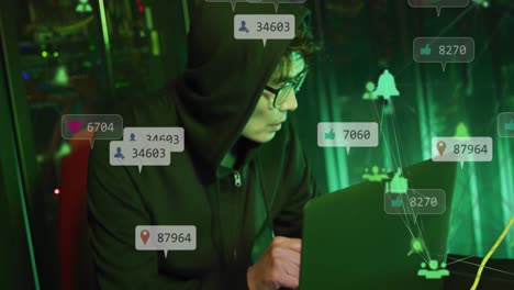 animación de iconos y números de las redes sociales sobre el empresario y el paisaje urbano