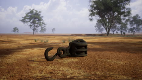 old mining hook rests on the dry ground in a remote landscape