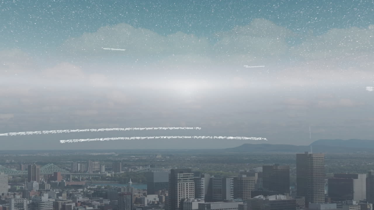 도시 풍경 위의 데이터 처리 애니메이션