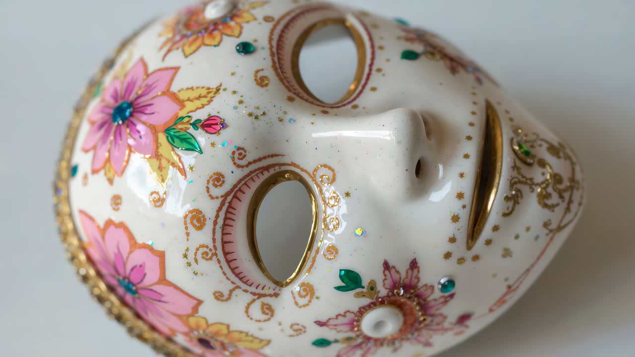 Starting camera pullback revealing mask on white table, pink floral motifs, gems and gold trim