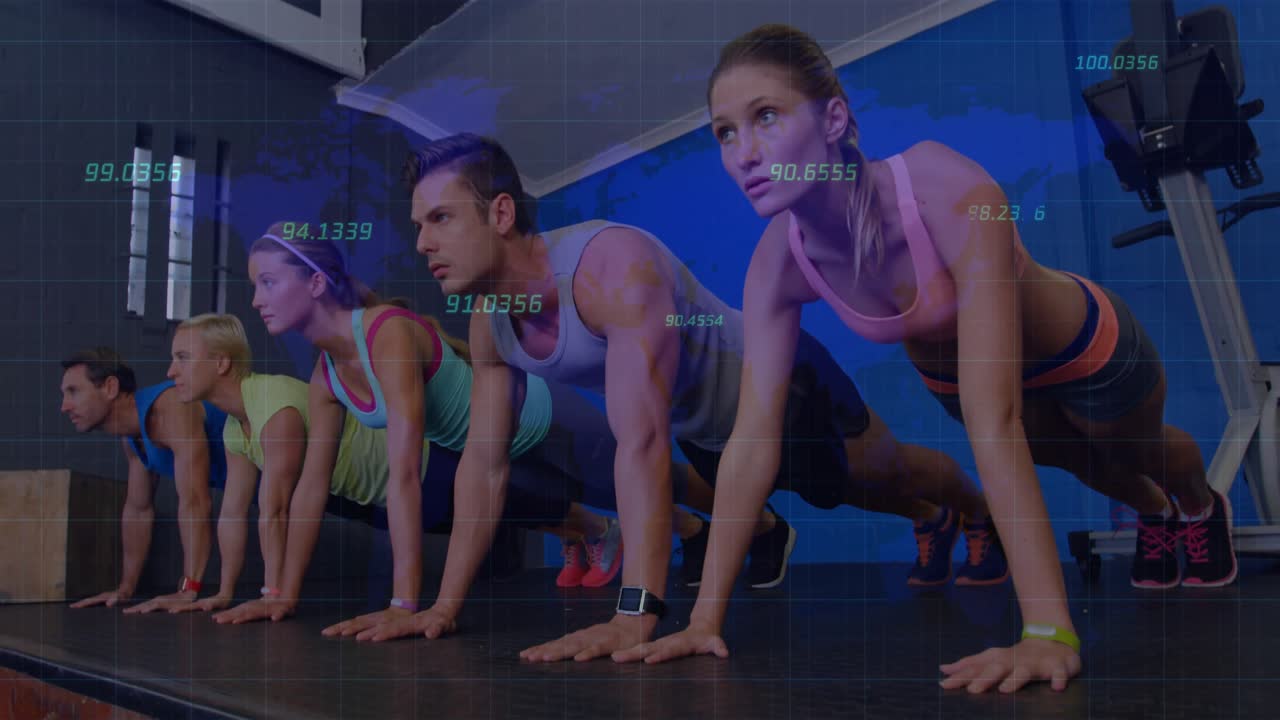Fitness group stepping onto blue-lit stage planking while numeric metrics tracking endurance peak