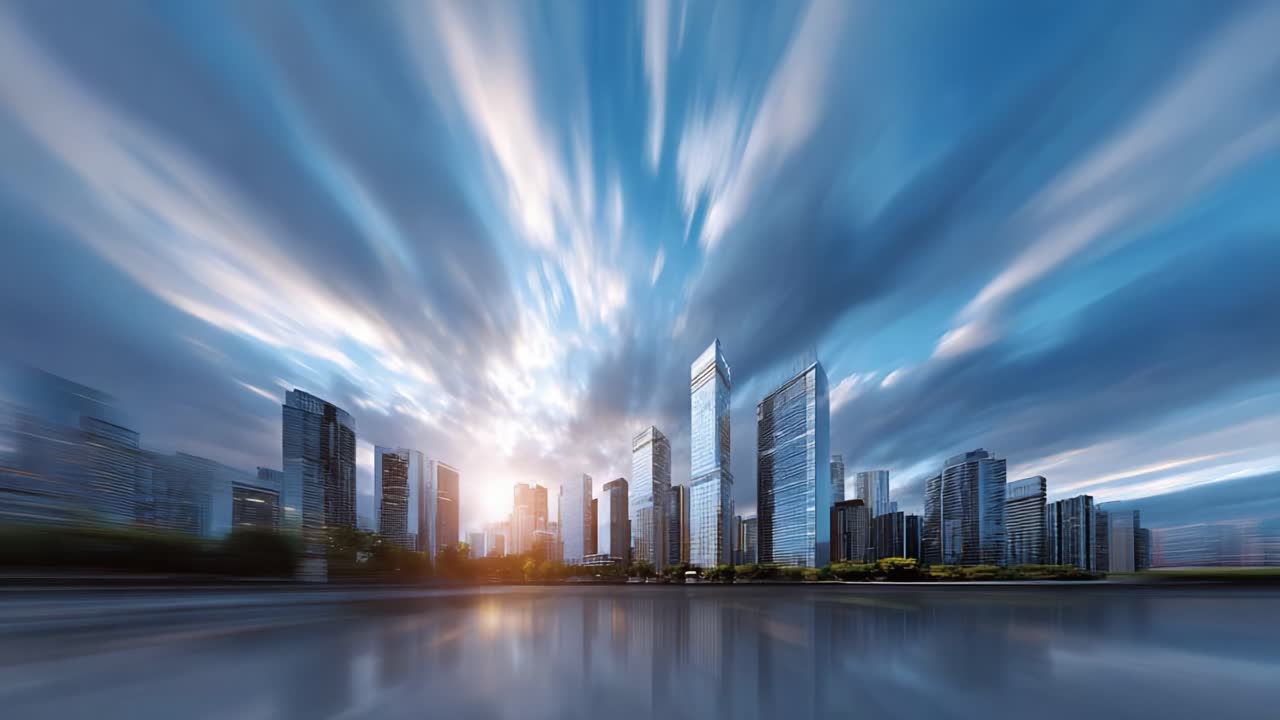 A Stunning Urban Skyline at Dusk Showcasing Majestic Skyscrapers Against a Colorful Sky with Reflections in the Water for a Breathtaking Sunset View