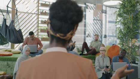 business presentation in modern coworking space