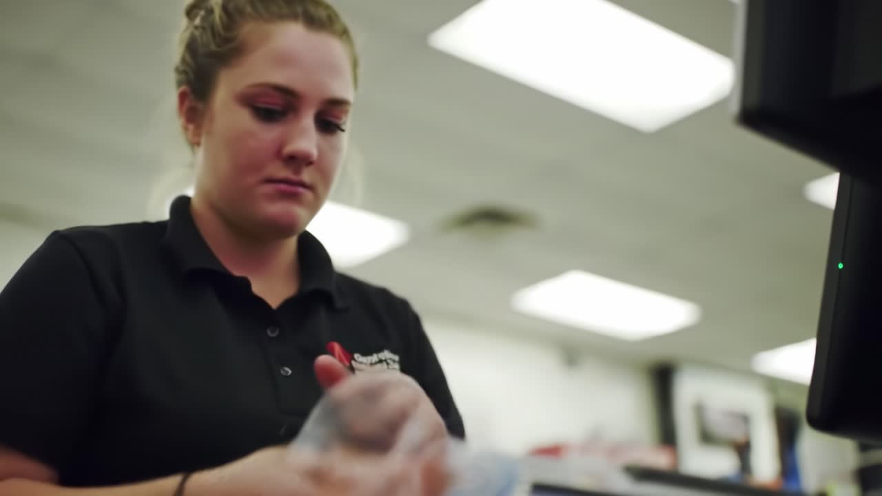 A dedicated employee processes documents and assists customers at a service counter. The environment is bustling, typical of a busy retail setting in the afternoon.