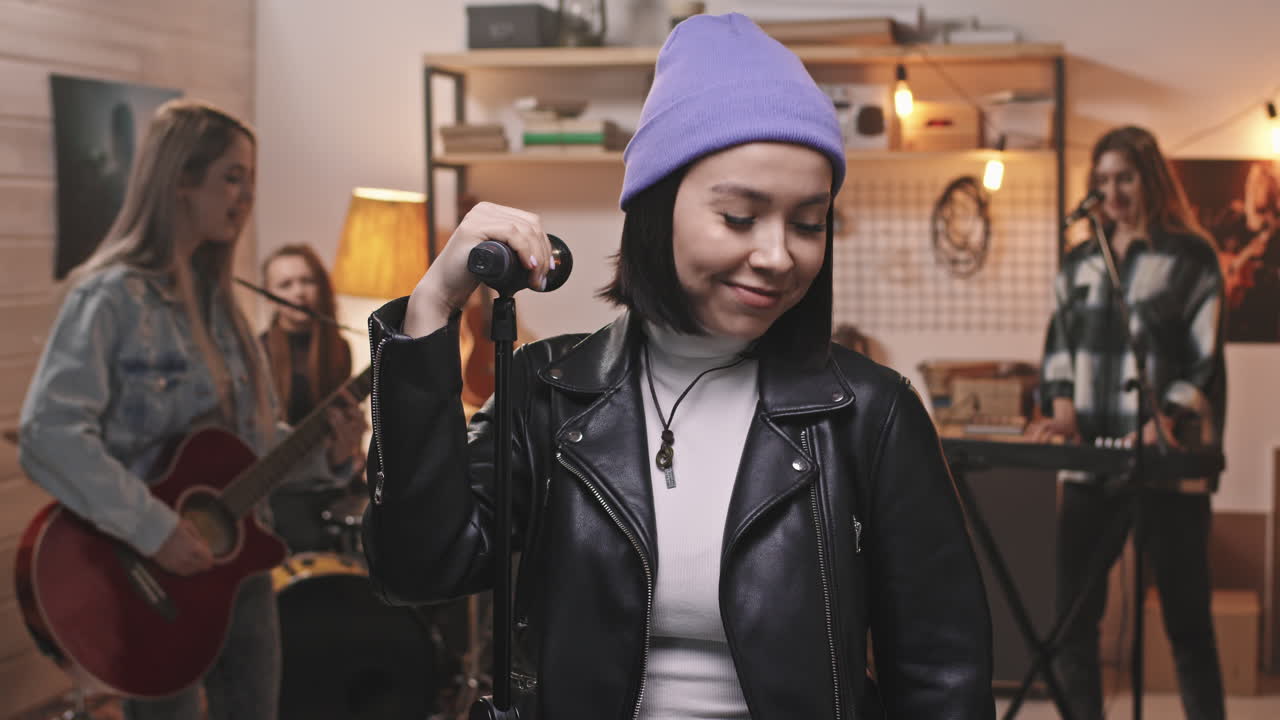 Pathetic Woman With Mic Playing Music With Band