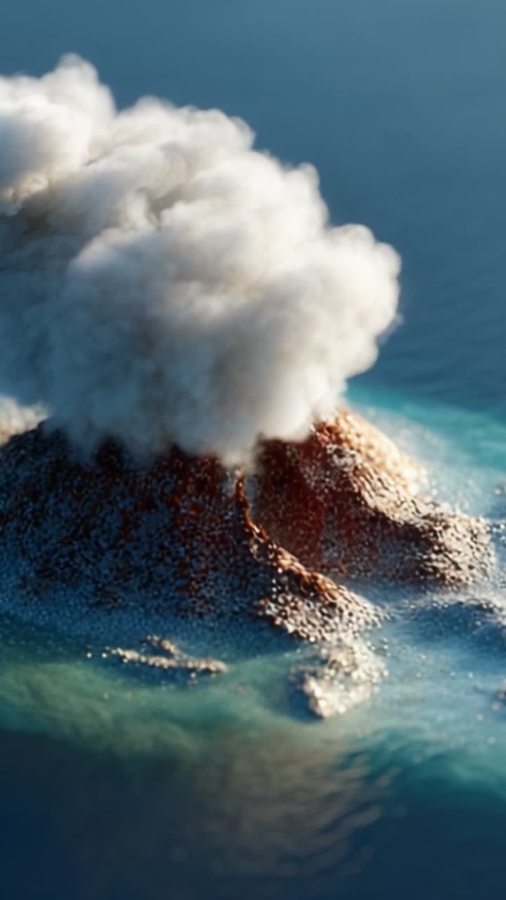 Aerial View of a Volcanic Island Erupting with Ash Clouds and Glimmering Water Surrounding Its Rocky Surface in a Stunning Natural Landscape