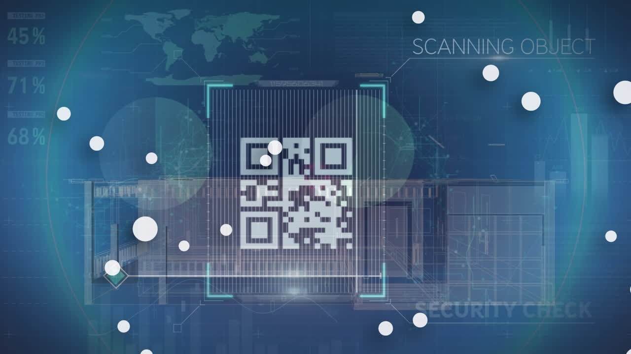 animación de escáner de código qr de neón sobre modelo de casa y procesamiento de datos estadísticos