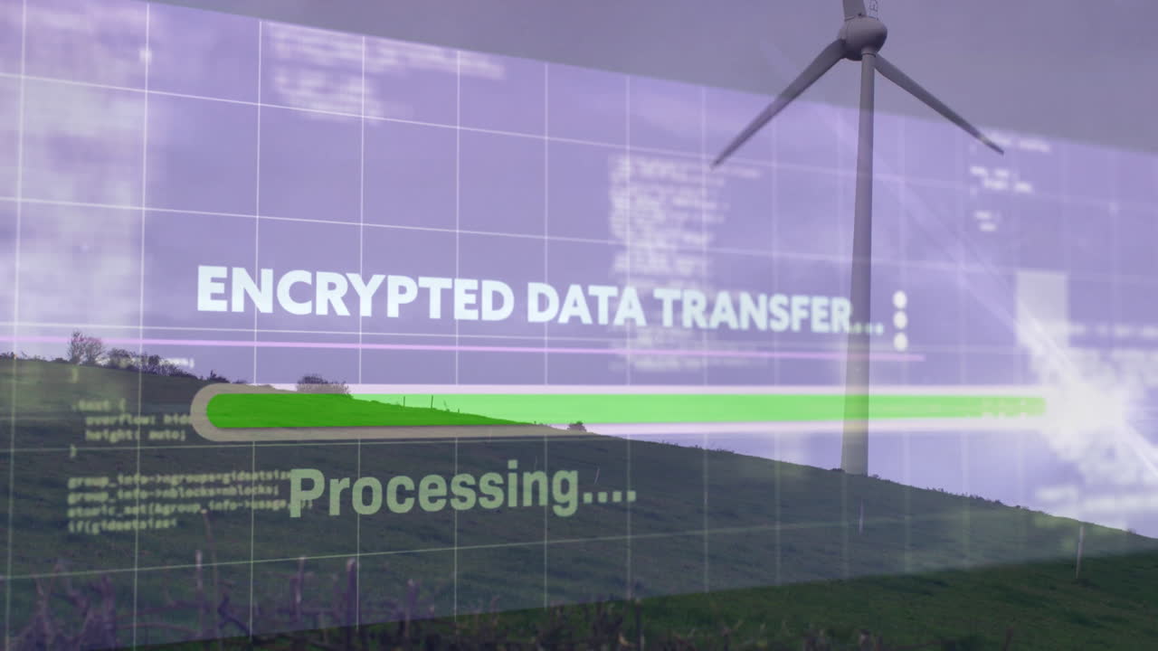 Processing encrypted data, animation over rural landscape with wind turbine in view