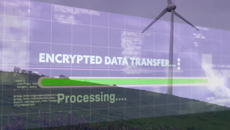 processing encrypted data, animation over rural landscape with wind turbine in view