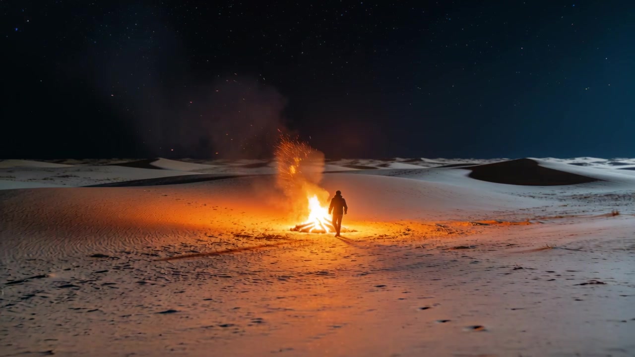 Uomo in piedi con un cappotto pesante che si avvicina a un falò che si ravviva nel deserto di notte, in cerca di calore.