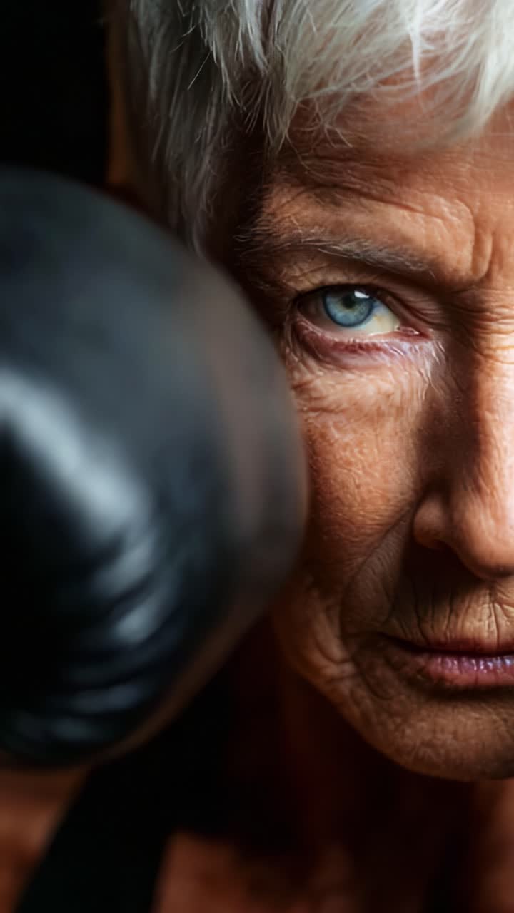 Empowered Athlete: A Close-Up Look at an Older Woman's Determined Expression in Boxing, Highlighting Strength, Resilience, and the Spirit of Competition