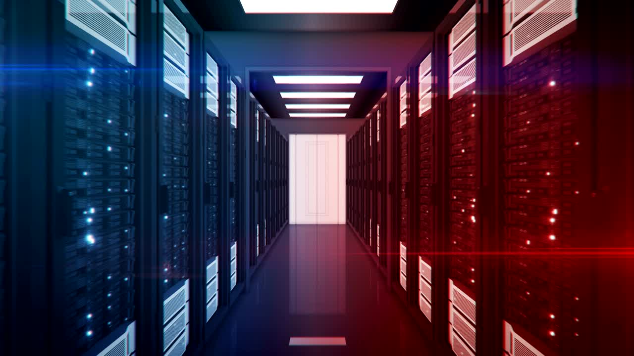 moviéndose a través de la sala de servidores con bastidores de servidores azules y rojos centro de datos. concepto de confrontación de información de guerra cibernética. hermosa animación 3d en bucle con luces de computadora parpadeantes.