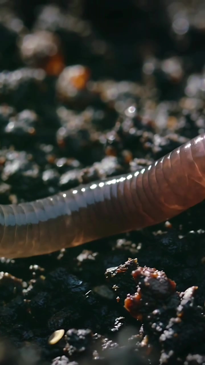 Vídeo vertical: Minhoca se contorcendo estimulada por solo úmido, movendo-se diretamente pelo composto com detritos.