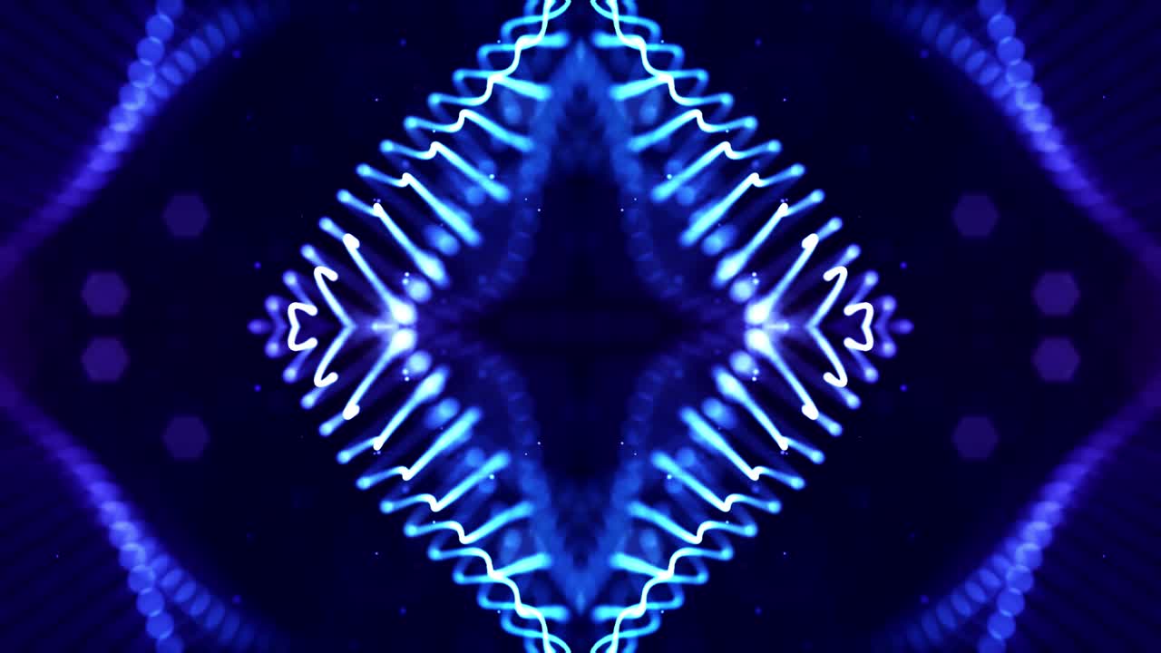 4k looped sci-fi 3d abstract animation. Glow blue particles form lines, symmetrical structures like in microworld or cosmic space. For holiday presentations, ceremonies as vj loop motion design