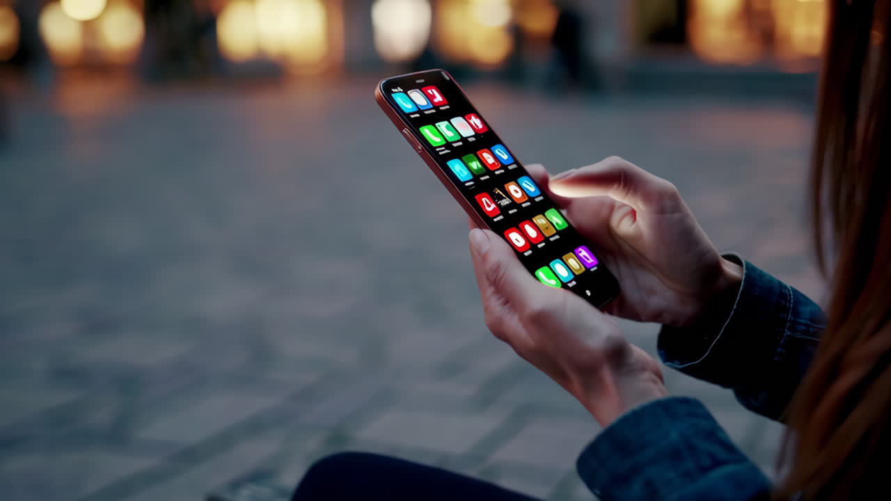 mujer usando teléfono inteligente por la noche en la ciudad