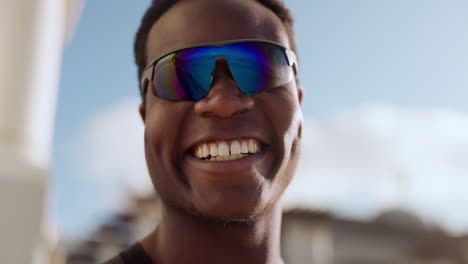 black man, happiness and face with glasses