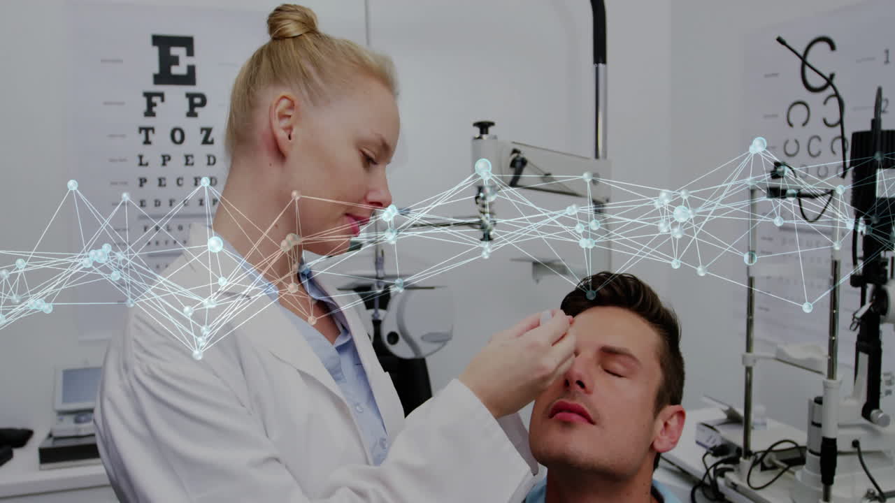 Animation of connections over caucasian female doctor examining her patient