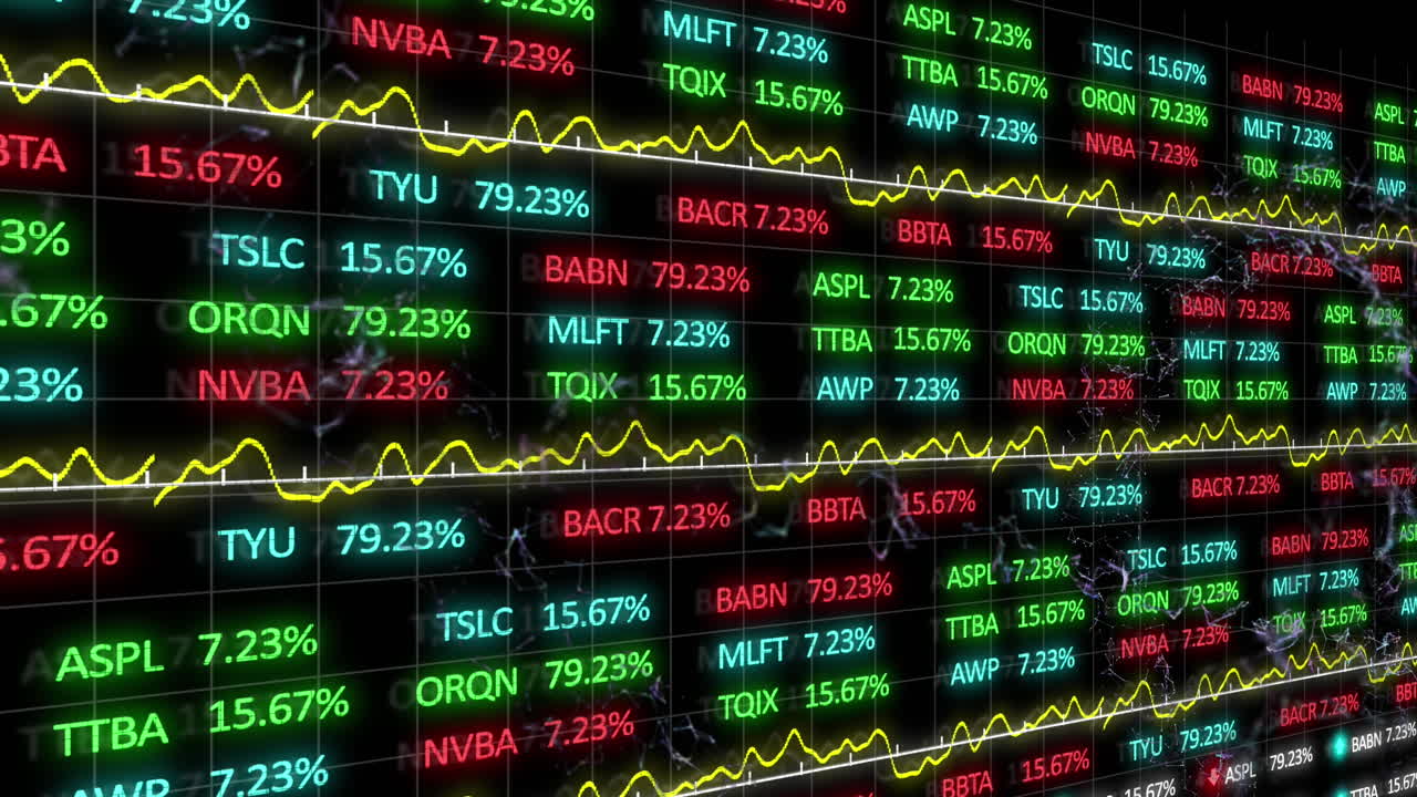Animazione di elaborazione dati e mercato azionario su forme in movimento su sfondo nero