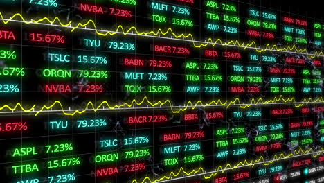 animation of data processing and stock market over shapes moving on black background
