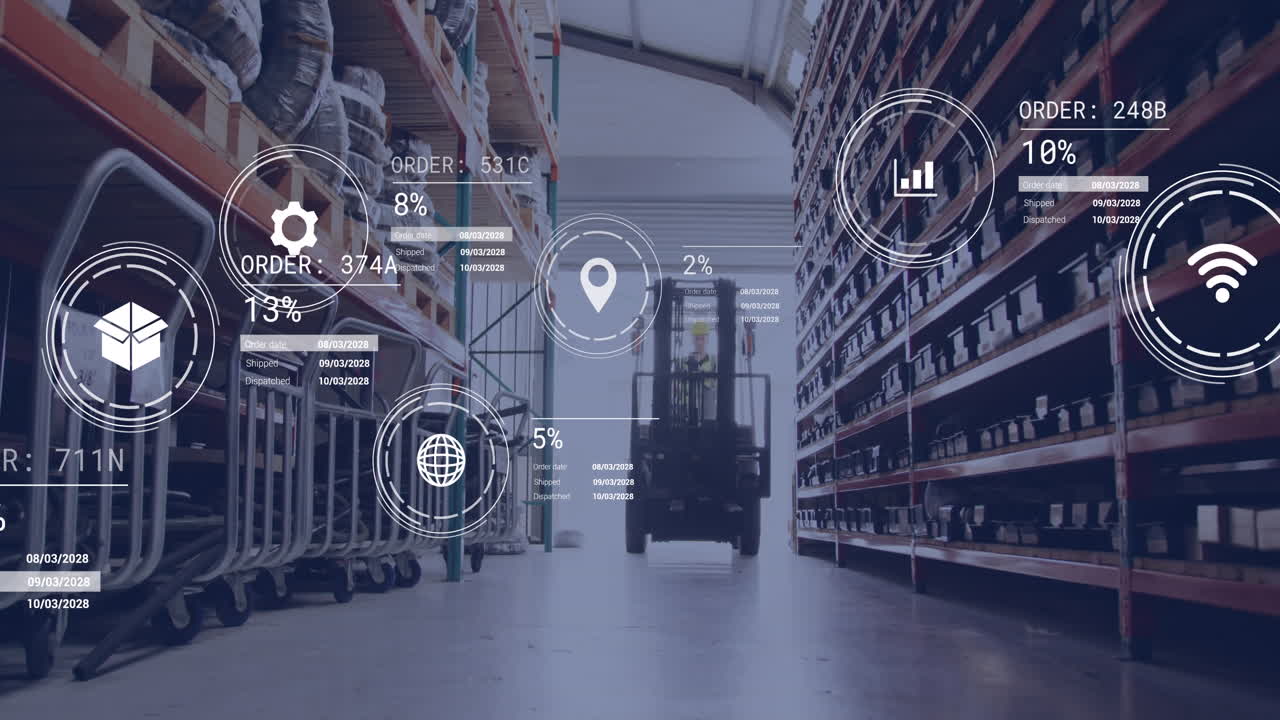 animación de iconos con procesamiento de datos sobre el camión elevador en el almacén