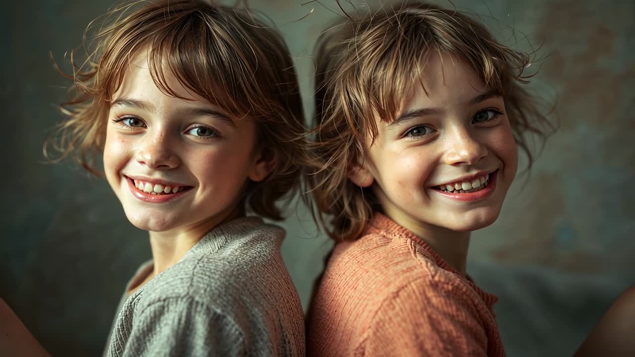 Turning siblings at camera cue, smiling and angling heads for studio portrait, gray orange knits