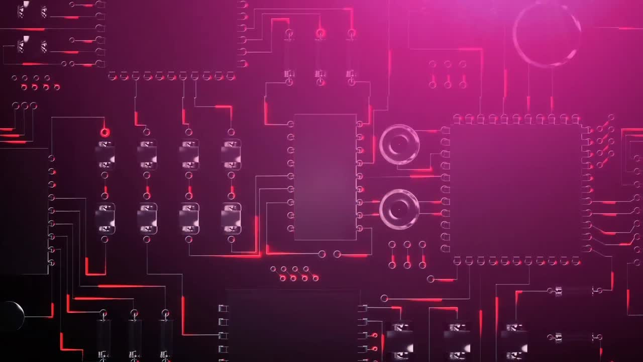 Animation of glowing red energy passing through circuit of a motherboard on dark background