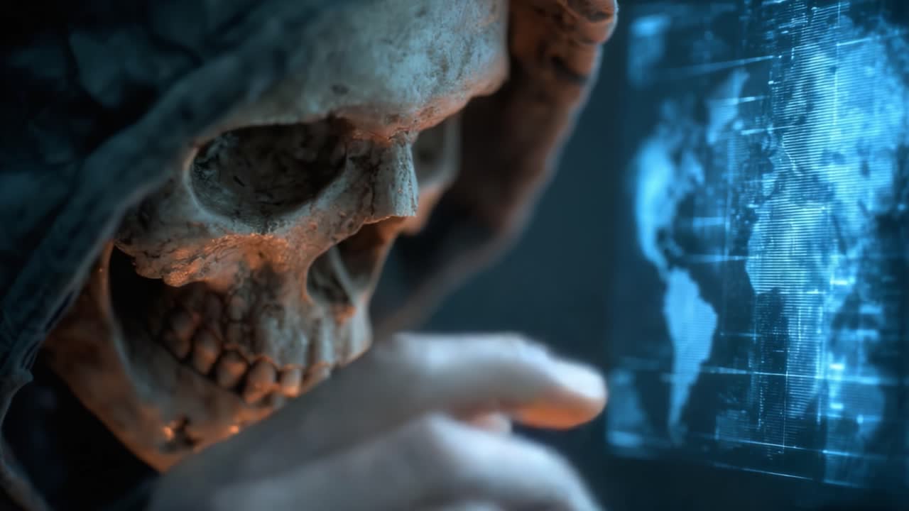 En surrealistisk skildring av en skelettfigur insvept i mörka mantlar när den interagerar med ett holografiskt gränssnitt, frammanar teman om teknik, liv och efterlivet