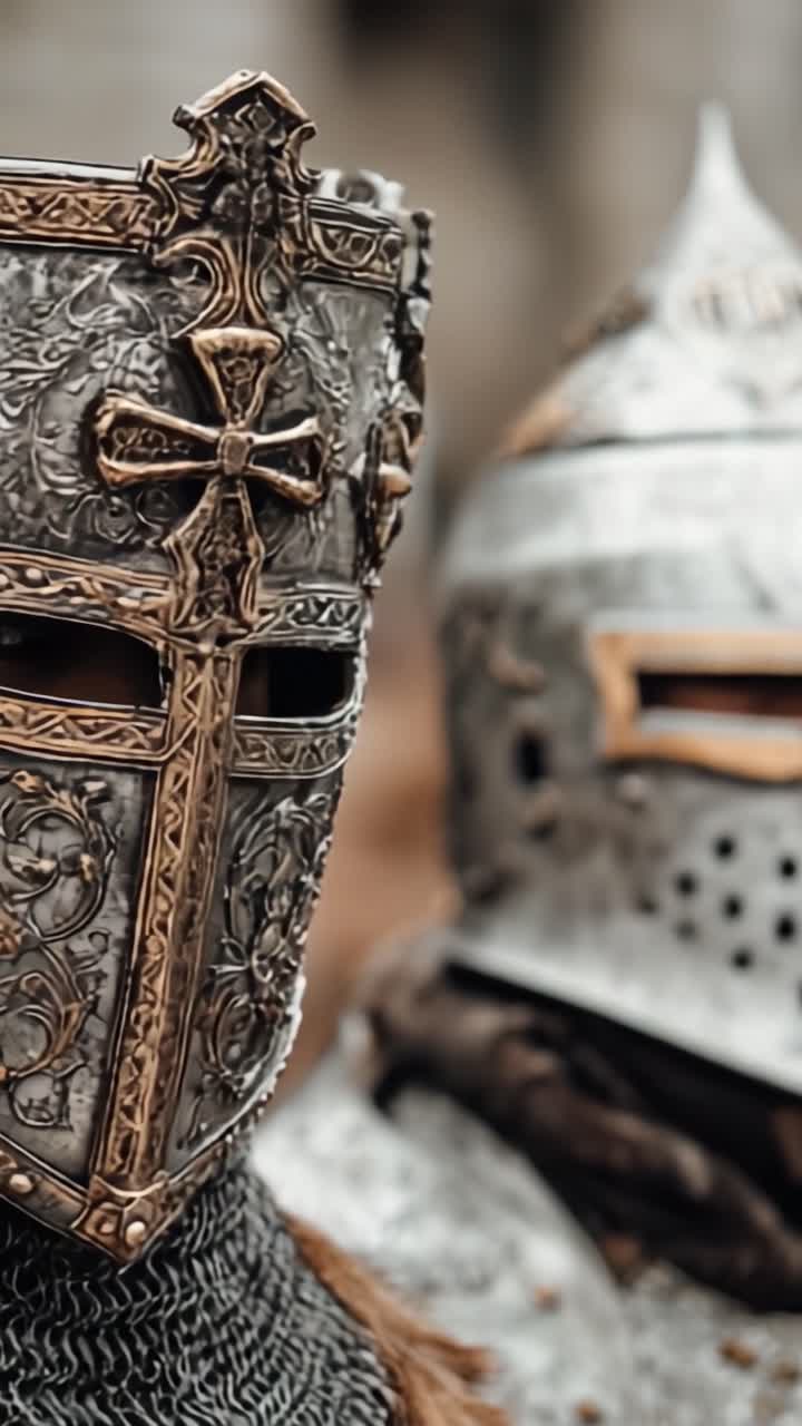 Una vista de cerca de una armadura medieval ornamentada: dos caballeros con cascos elaborados mostrando diseños intrincados y la artesanía histórica de la armadura.