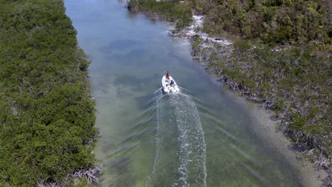 Touristen-Auf-Dem-Motorboot,-Das-Zwischen-Den-Mangrovenwäldern-Auf-Den-Bahamas-Segelt