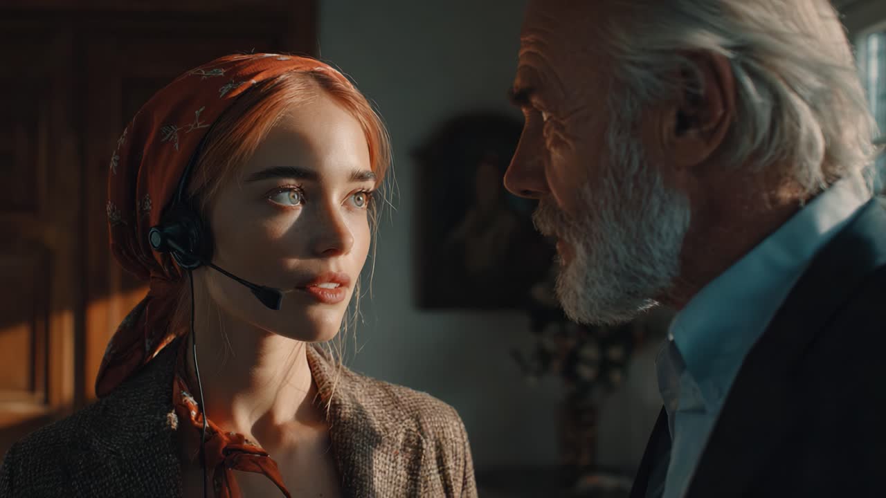 Intense Conversation Between Two Figures: A Woman with Headset and an Elderly Man Exchanging Emotional Glances in a Dramatic Setting